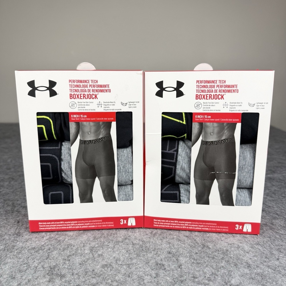 Under Armour NEW Lot of 2 Boxes Tech Boxerjock XL 6" Inseam 3 Pack ea Black Gray